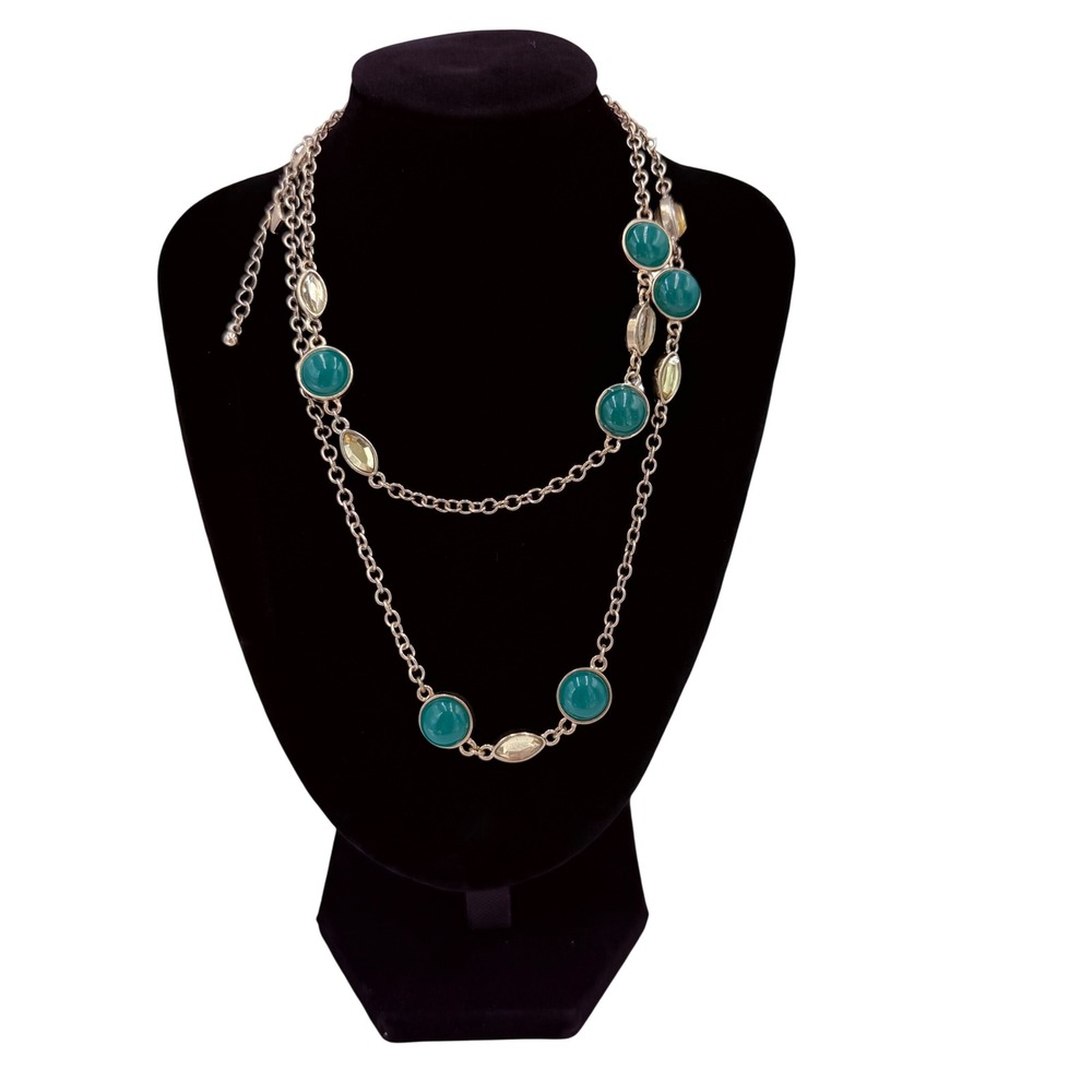 Banana Republic Station Necklace Womens OS Green Gold Tone Cabochon Long Chain